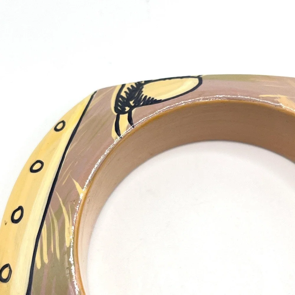 Vintage Lacquered Hand-Painted Floral Flower Mauve Purple Wood Bangle Bracelet